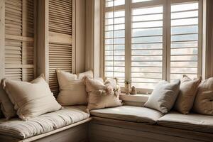 AI generated Cozy window seat with cushions, vintage shutters, rustic home decor. photo