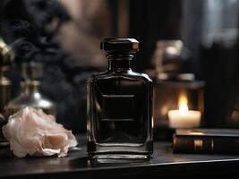 AI generated a glass bottle of perfume, in black tones, in smoke photo