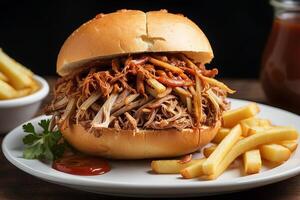 AI generated Sandwich with pulled pork, BBQ sauce, and fries. photo