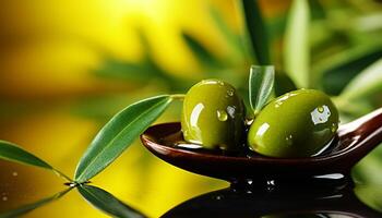 AI generated Branch of olive fruit and olives with drops of oil in spoon on blurred green background photo