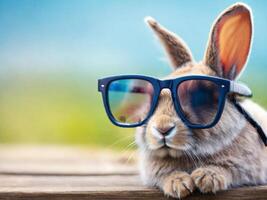 AI generated Cool bunny in glasses with selective focus and copy space photo