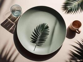 AI generated Top view of a minimalistic tablescape with plates and cups, accented by the artistic shadow of a palm leaf photo