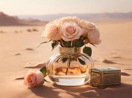 AI generated The warmth of soft light enhances the perfume and roses, creating an intimate scene on a sandy desert backdrop photo