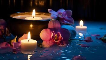 AI generated Beauty water therapy candle spa wellness light care health relaxation romantic bath photo