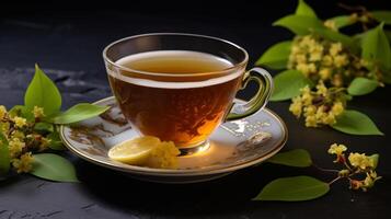 AI generated Cup of herbal tea with linden flowers on dark background photo