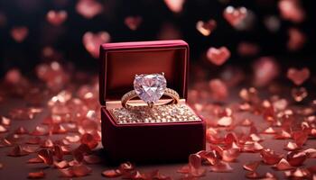 AI generated Luxurious velvet box holding a sparkling heart-shaped diamond ring, with soft rose petals scattered around photo