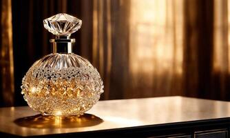 AI generated Luxury crystal perfume bottle standing on a reflective table with light curtains in the background photo