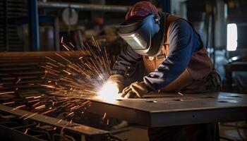 AI generated A worker in a protective mask demonstrating precision and skill in metal welding, prioritizing safety in the workplace photo