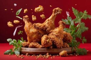 AI generated crunchy fried chicken surrounded by herbs flying in red background photo