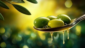 AI generated Branch of olive fruit and olives with drops of oil in spoon on blurred green background photo