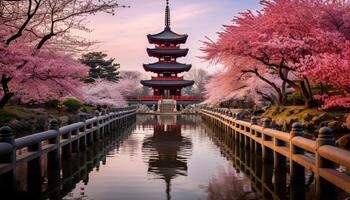 AI generated The serene ambiance of a traditional Japanese pagoda enveloped by cherry trees in their glorious spring bloom photo