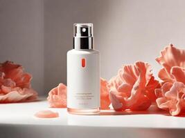 AI generated A contemporary skincare bottle presented on a pristine white surface with warm coral backlighting photo