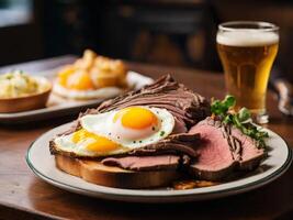 AI generated Restaurant offering a dish of roast beef, fried egg, and beer. photo