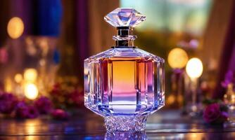 AI generated Luxury crystal perfume bottle standing on a reflective table with light curtains in the background photo
