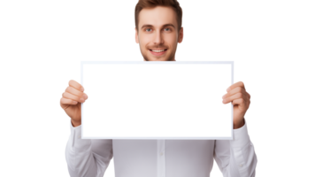 AI generated Man holding frame with transparent background. Happy young man with blank frame cut out png