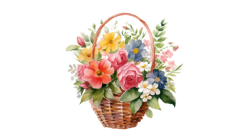 AI generated Bouquet of flowers in basket cutout. Flowers in basket in watercolor on transparent background. png