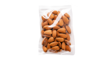 AI generated Almonds in transparent plastic bag cut out. Almonds in bag on transparent background png