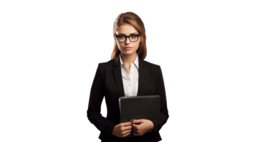 AI generated Young lady with folder in hand cut out. Business lady with eyeglasses on transparent background png