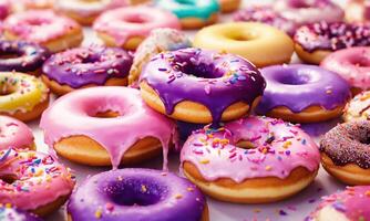 AI generated Wonder bright colourful pink purple joy donuts  in plain background and bokeh soft light spots background. photo