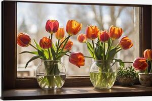 AI generated tulips in a vase in front of a kitchen window photo