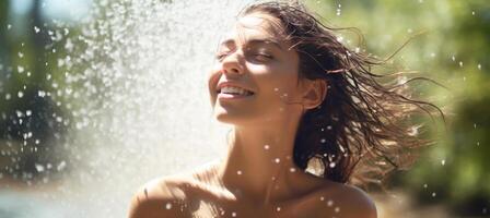 ai generado retrato de hermosa mujer con salpicaduras y gotas de agua hermosa sonriente niña debajo chapoteo de agua foto