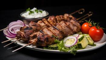 AI generated lamb on skewers with garnishes, shish kebab on skewers photo
