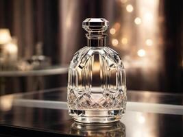 AI generated Luxury crystal perfume bottle standing on a reflective table with light curtains in the background photo