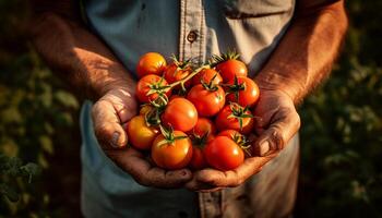 AI generated Cherry tomatoes in the hands of a farmer photo