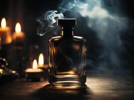 AI generated a glass bottle of perfume, in black tones, in smoke photo