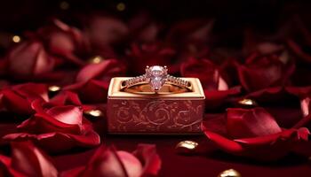 AI generated Luxurious velvet box holding a sparkling heart-shaped diamond ring, with soft rose petals scattered around photo