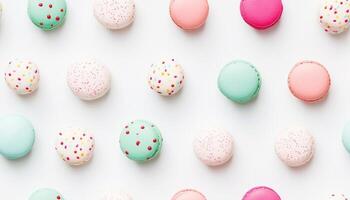 AI generated Top-view colorful macarons on white flat lay background, including pink and mint flavors on a white background, pattern, tile, textures, background photo