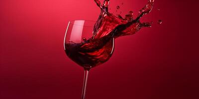 AI generated Splashing red wine in a wine glass imitation close up on red background photo