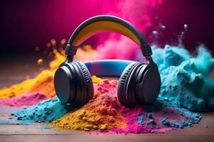 AI generated Headphone and vivid color powder. Creative music and festival concept photo