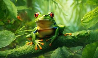 AI generated red eyed green frog perched on tree branches on green background. photo