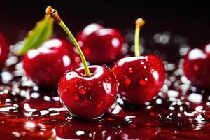 AI generated Fresh cherries background, adorned with glistening droplets of water photo