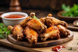 AI generated Close-up view of chicken wings with sauce on wooden table. photo
