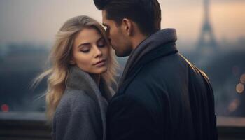 ai generado joven romántico Pareja abrazando en París ciudad - París horizonte en el temprano Mañana invierno niebla - rubio mujer, oscuro peludo hombre - invierno wea foto