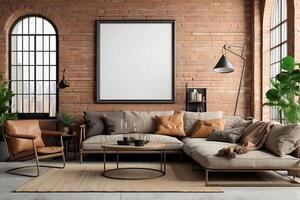 AI generated Poster frame mockup in industrial style living room interior photo