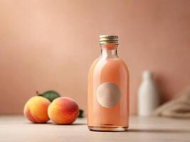 AI generated Bottle mockup on a backdrop in trendy Peach Fuzz color. Background with selective focus and copy space photo