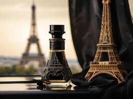 ai generado un vaso botella de perfume, en negro tonos, cerca el eiffel torre, dorado hora foto