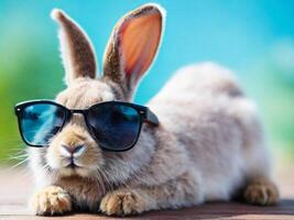 AI generated Cool bunny in glasses with selective focus and copy space photo