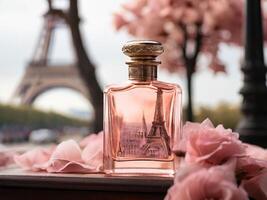 ai generado un vaso botella de perfume, en rosado tonos, cerca el eiffel torre foto