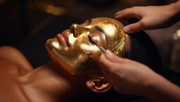 ai generado cosmetóloga creando oro frustrar cara máscara para mujer spa tratamiento foto