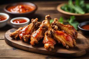 AI generated Close-up view of chicken wings with sauce on wooden table. photo