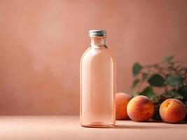 AI generated Bottle mockup on a backdrop in trendy Peach Fuzz color. Background with selective focus and copy space photo