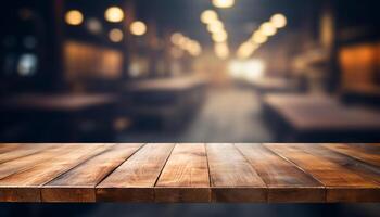 AI generated The empty wooden table top with blur background of warehouse storage. Exuberant image photo