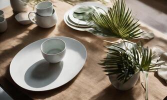 AI generated Top view of a minimalistic tablescape with plates and cups, accented by the artistic shadow of a palm leaf photo