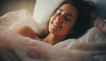 AI generated Woman in bed, concept of enjoying the morning. Background with selective focus and copy space photo
