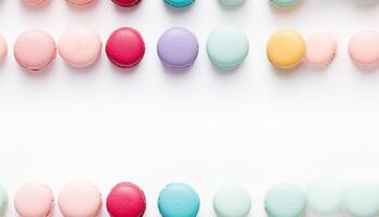 AI generated Top-view colorful macarons on white flat lay background, including pink and mint flavors on a white background, pattern, tile, textures, background photo