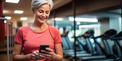 ai generado mayor mujer utilizando aptitud aplicación en gimnasia. activo mayor mujer sonrisas mientras utilizando un aptitud solicitud en su teléfono inteligente en un bien equipado gimnasia, representando salud y tecnología foto